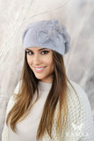 Elegant Gray Angora Beret with Floral Fur Trim & Zircons