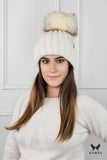 Cozy Ecru Winter Hat with Fluffy Pompon and Fleece Lining