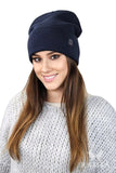 Cozy Navy Beanie Hat with Eco-Leather Patch for Winter Style