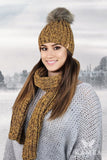 Mustard Winter Hat and Scarf Set with Faux Fur Pom-Pom