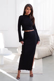 Elegant Long-Sleeve Blouse and Slit Skirt Set for Any Occasion