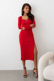 Versatile Midi Dress with Elegant Neckline and Side Slit