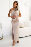 Elegant Satin One-Shoulder Dress with Floral Accents