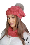 Elegant Women's Coral Beret and Cowl Set with Fur Pom-Pom