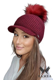 Chic Burgundy Winter Hat with Fluffy Pompon & Visor