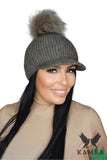 Cozy Brown Women's Winter Hat with Fluffy Pompom & Visor