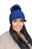 Chic Women's Winter Cap with Visor and Pompom - Navy Blue