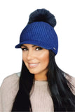 Chic Women's Winter Cap with Visor and Pompom - Navy Blue