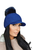 Chic Women's Winter Cap with Visor and Pompom - Navy Blue
