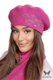 Elegant Raspberry Winter Beret with Pearl and Bead Accents