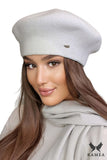 Beige Houndstooth Women's Beret with Elegant Silver Emblem