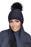 Elegant Black Women's Hat with Mohair & Fur Pom-Pom