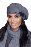 Elegant Navy Blue Women's Beret with Bow and Houndstooth Design