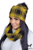 Mustard Checkered Winter Hat & Scarf Set with Fur Pom-Pom