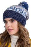 Stylish Navy Blue Women's Knit Hat with Colorful Design