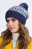 Stylish Navy Blue Women's Knit Hat with Colorful Design