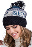 Chic Black Women's Knit Hat with Colorful Pompom