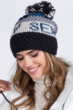 Chic Black Women's Knit Hat with Colorful Pompom