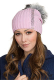 Elegant Pink Women's Wool Hat with Pompom and Jet Stones