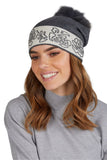 Elegant Women's Graphite Hat with Fox Fur Pompom & Floral Detail