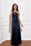 Asymmetrical Satin Maxi Dress with Cut-Out and Slit Detail
