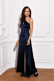 Asymmetrical Satin Maxi Dress with Cut-Out and Slit Detail