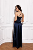 Asymmetrical Satin Maxi Dress with Cut-Out and Slit Detail