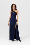 Asymmetrical Satin Maxi Dress with Cut-Out and Slit Detail