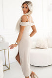 Elegant Light Beige Midi Dress with Open Shoulders & Ruching