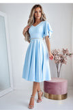 Elegant Blue Dress with V-Neck and Ruffled Sleeves