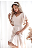 Elegant Blue V-Neck Dress with Ruffled Sleeves and Belt