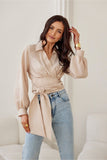 Chic Wrap Neckline Blouse with Puffy Sleeves and Tie Waist
