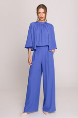 Elegant Ruched Jumpsuit with Kimono Sleeves and Pockets - blue / M