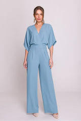 Elegant Women's Wrap Jumpsuit with Pockets and Flared Pants - blue / S