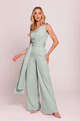 Asymmetrical Elegant Jumpsuit with Unique Shoulder Motif - green / S