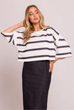 Casual Striped Knit Blouse with Boat Neck & 3/4 Sleeves