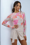 Elegant Long Sleeve Tulle Blouse with Colorful Print