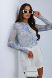 Elegant Long Sleeve Tulle Blouse with Colorful Print