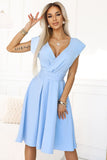 Elegant Blue Midi Dress with Wrap Neckline and Belt