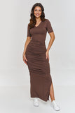 Elegant Ruches Maxi Dress with V-Neck and Side Slit