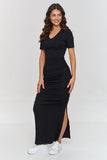 Elegant Ruched Maxi Dress with V-Neck and Side Slit