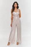 Elegant Metallic Jumpsuit with Deep V-Neck and Cutout Back