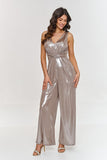 Elegant Metallic Jumpsuit with Deep Neckline & Wide Legs