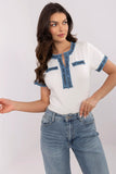 Chic V-Neck Women's Casual Blouse with Denim Accents
