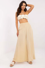 Chic Women's Wide Leg Trousers with High Waist and Pleats - beige / XL