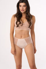 Elegant High-Waisted Briefs with Sheer Lace Back - beige / M