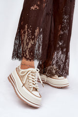 Stylish Women's Textile Sneakers with Platform and Comfort - beige / 41