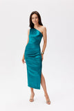 Asymmetrical Satin Midi Dress with Ruching and Leg Slit
