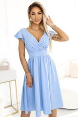 Elegant Blue Midi Dress with Wrap V-Neck and Belted Waist - blue / L