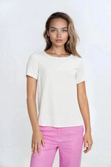 Soft Viscose Blouse with Boat Neckline and Short Sleeves - beige / 36